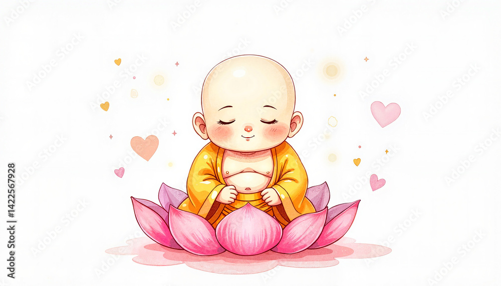 Cartoon monk meditating peacefully on a pink lotus flower Cartoon monk meditating peacefully on a pink lotus flower