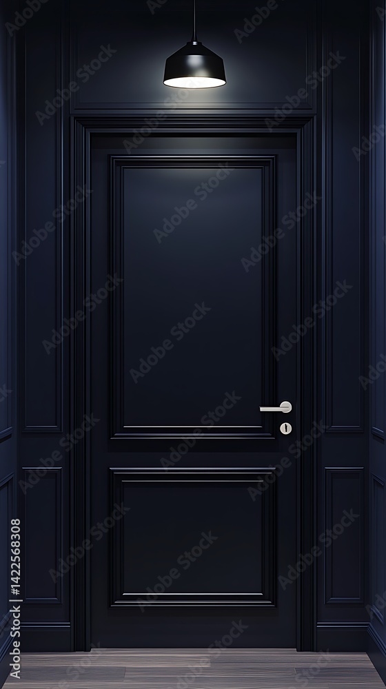Fototapeta premium A dark wooden door in a dimly lit hallway with elegant paneling.