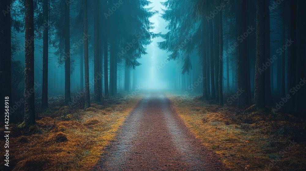 Naklejka premium Autumn Forest Path Shrouded in Blue Mist