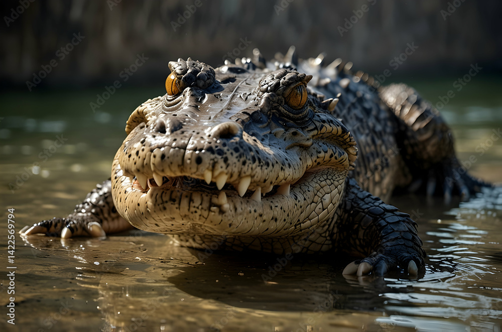 Obraz premium Saltwater Crocodile Face Close-up with Intense Yellow Eyes and Sharp Teeth