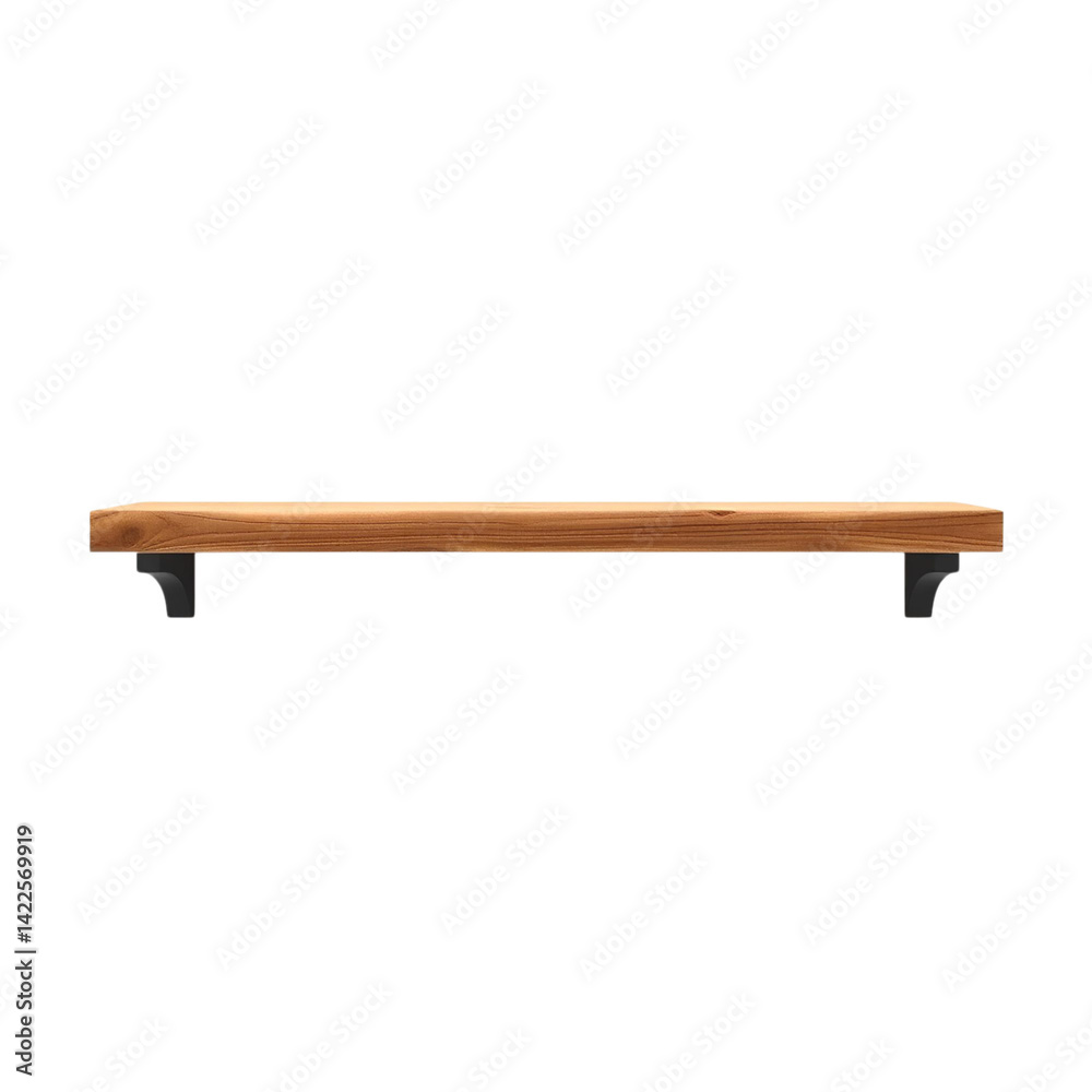 Wooden Shelf: A simple wooden shelf, supported by brackets, is isolated and displayed with a modern aesthetic and minimalistic design. Wooden Shelf: A simple wooden shelf, supported by brackets, is isolated and displayed with a modern aesthetic and minimalistic design.