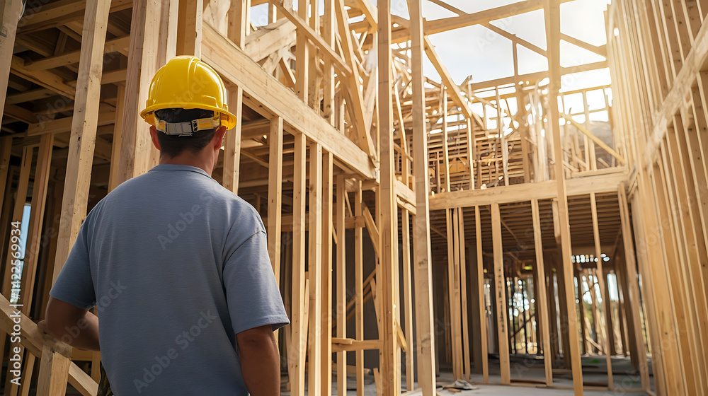 Construction Worker in Framed Building Construction Worker in Framed Building