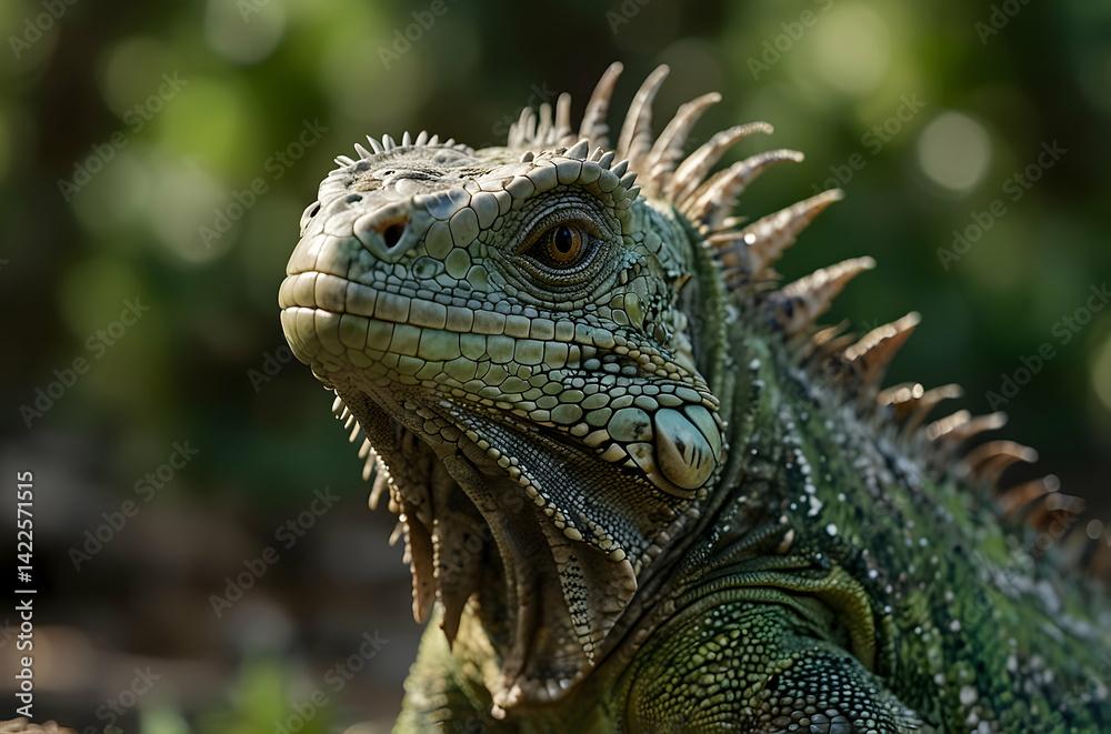 Fototapeta premium Close-up of Green Iguana with Textured Skin and Sharp Eyes