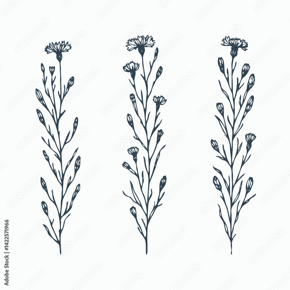 Fototapeta premium Hand drawn wild flowers Botanical drawing, line art blue Cornflowers illustration. Black and White vintage Meadow Knapweed. Simple Stylized blooming plants. Set of outline doodle floral sketch Cyanus