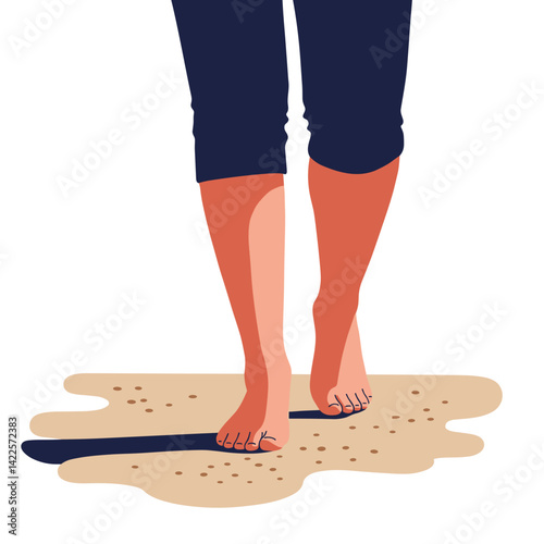 Person walking barefoot on the sand, enjoying beach atmosphere illustration, summer relaxation and lifestyle, for travel, vacation, tourism, and leisure content