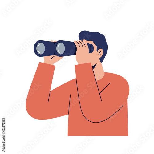 Person using binoculars observing scenery illustration, exploration and sightseeing, for travel blogs, tourism websites, adventure content, nature observation