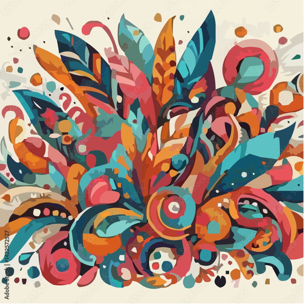 Fototapeta premium Vibrant abstract icon with colorful floral elements against beige background 