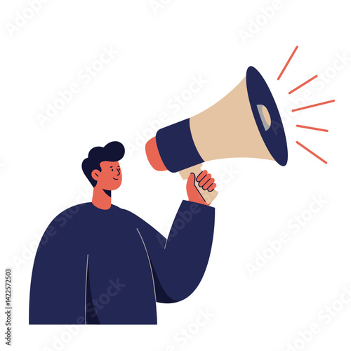 Person holding a megaphone expressing enthusiasm illustration, public speaking and announcement, for advertising, marketing campaigns, news headlines, and calls to action
