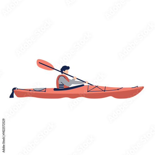 Person in a kayak paddling on calm waters illustration, water sports and adventure, for travel blogs, outdoor activity websites, tourism, and sports content