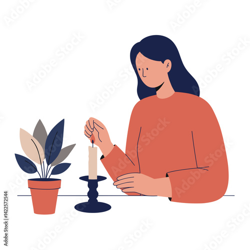 Person lighting a candle while sitting beside potted plant vector graphic, relaxation and mindfulness, for wellness, meditation, home decor, and spiritual content
