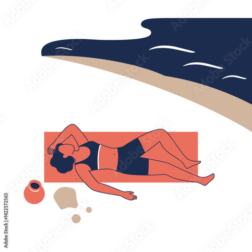 Person lying on the beach, relaxing in the sun by the ocean, summer vacation illustration, for travel blogs, tourism websites, and relaxation content