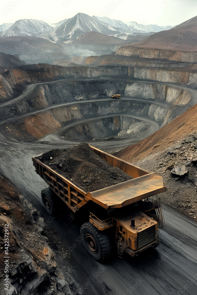 Large mining trucks in open-pit mine with rugged mountainous background