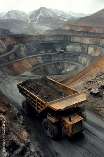 Obraz na płótnie Large mining trucks in open-pit mine with rugged mountainous background w salonie