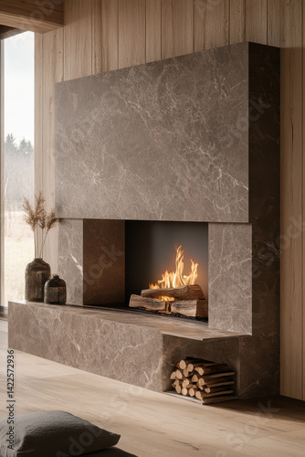 Modern marble fireplace in cozy living room with firewood and elegant decor