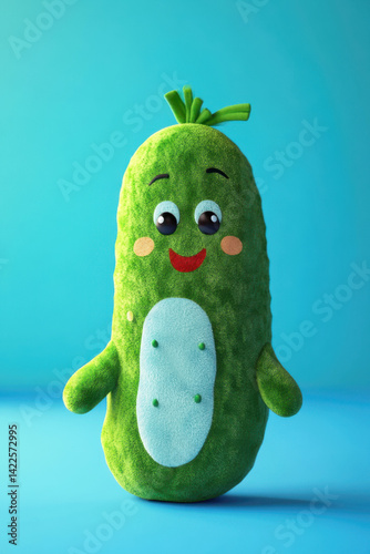 Obraz na płótnie Cute green plush cucumber with smiling face and arms on bright turquoise background w salonie