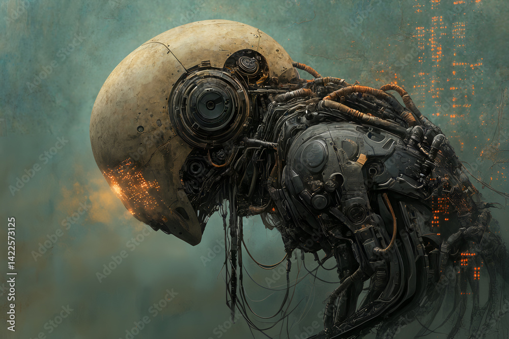 Futuristic robotic humanoid with wires and mechanical components against digital background