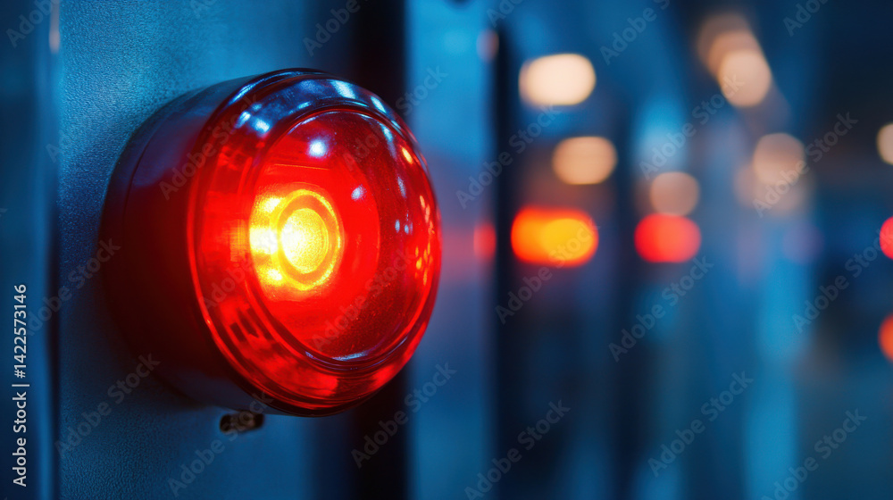 Close-up of red emergency alarm button on industrial control panel with blue background lighting