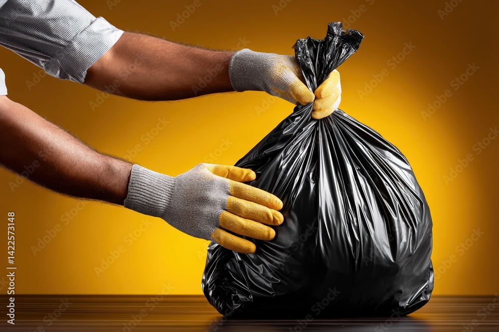 Hands in gloves tying black garbage bag against vibrant yellow background