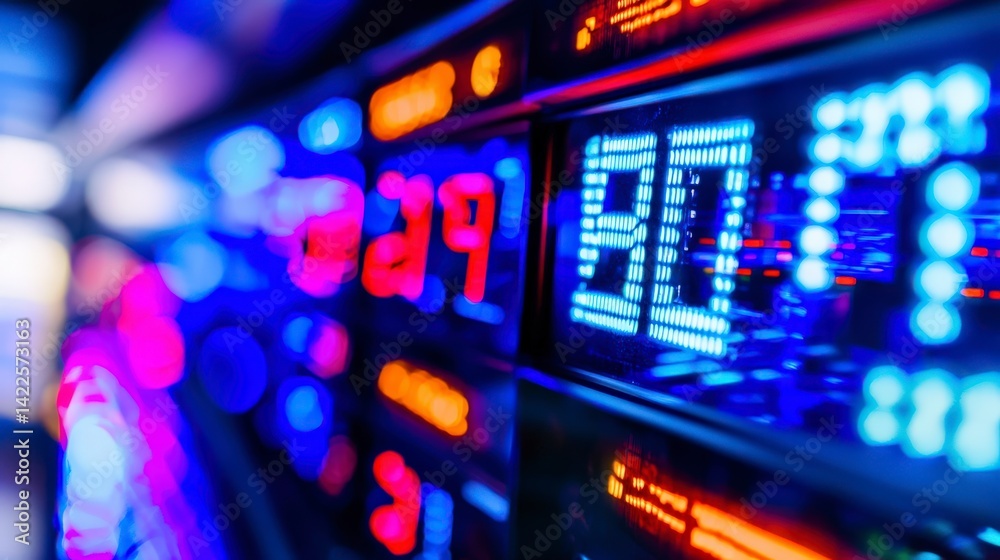 Countdown Timer Display with Bright LED Lights in Blurred Background