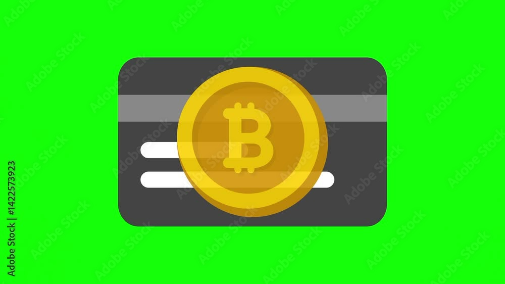 Credit card, Debit card. Bitcoin crypto coins gold money, Black colour premium icons sign symbols, shape illustrations. Vector animation, motion graphic video footage. Isolated green screen background