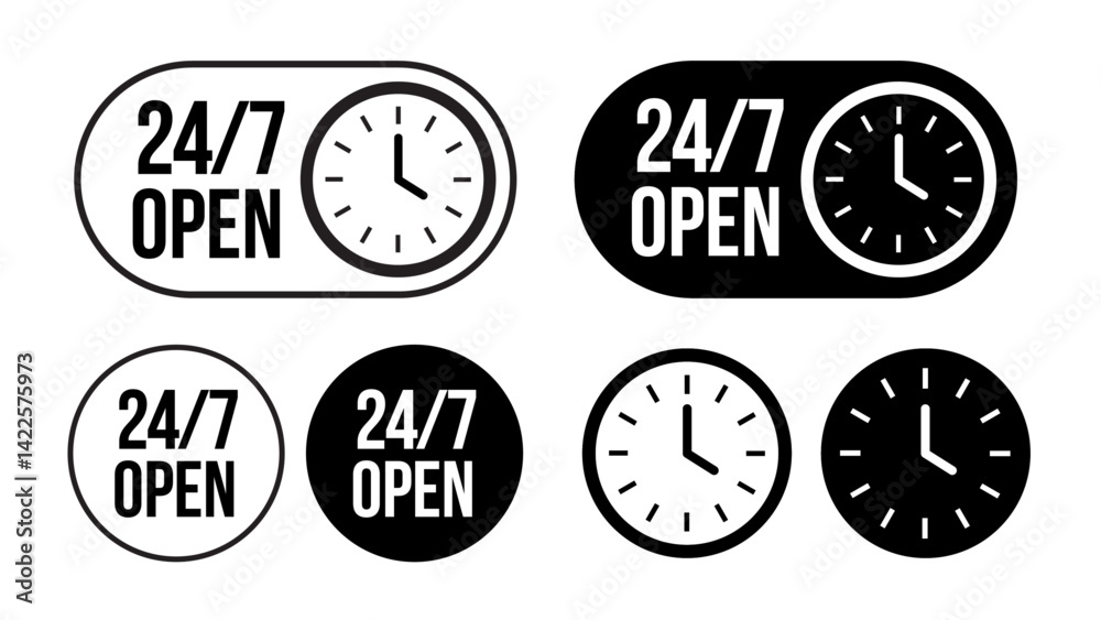 24/7 Open Clock Icons in Black and White with Round Watch Symbols Vector Set for Business Hours and Time Availability
24/7 Open Clock Icons in Black and White with Round Watch Symbols Vector Set for Business Hours and Time Availability