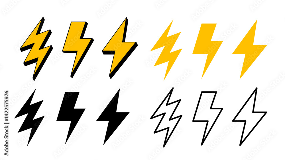 Obraz premium Lightning Bolt Icons in Multiple Styles Yellow, Black, and White Vector Set for Energy, Power, and Electricity Concepts