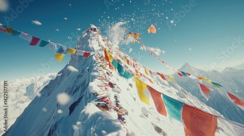 Colorful Prayer Flags Flutter on Snow Covered Mountain Peak