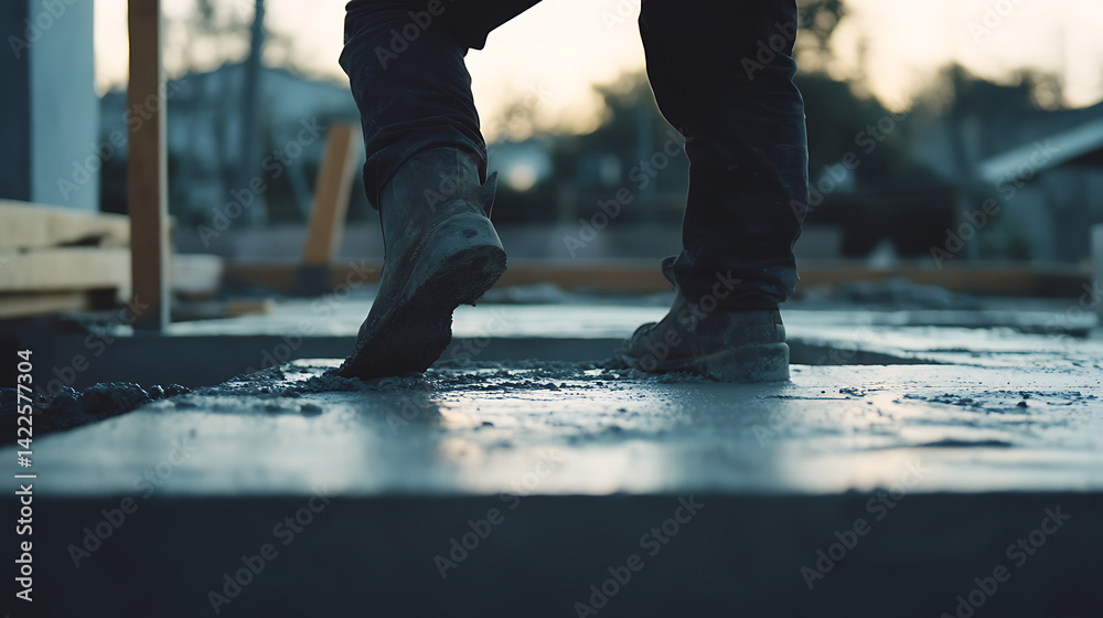 Construction Worker Walking on Wet Concrete Construction Worker Walking on Wet Concrete