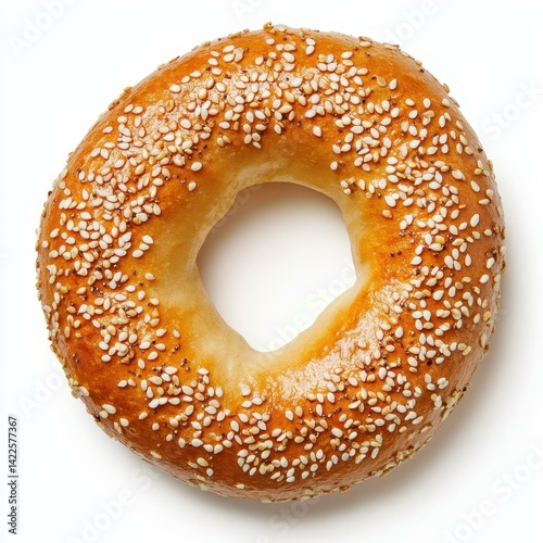 Freshly baked sesame seed bagel, perfectly golden with a crunchy crust and soft, chewy inside, isolated on a clean white background.