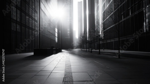 Empty city street bathed in morning sunlight, a grayscale perspective. photo