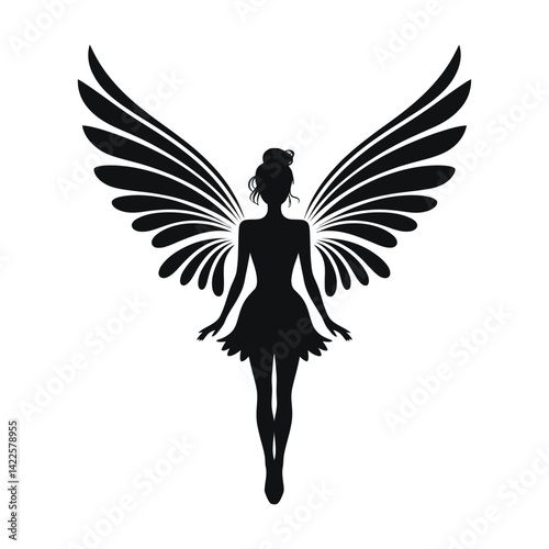 A stylized silhouette of a fairy with large, detailed wings.