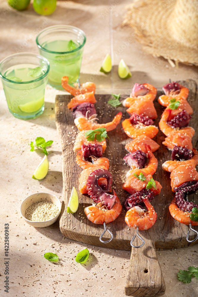 Ingredients for roasted skewer made of mediterranean food.