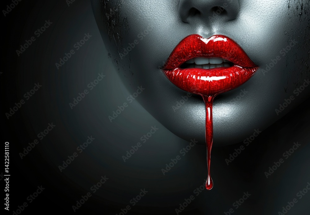 Fototapeta premium Crimson Lips: A Dramatic Close-up of Glossy Red Lips with Dripping Color