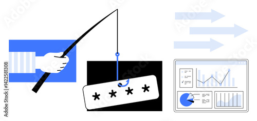 Fishing rod catching password tag, data charts on screen, arrows symbolizing direction. Ideal for cybersecurity, phishing awareness, data protection, IT security, analytics, online threats simple