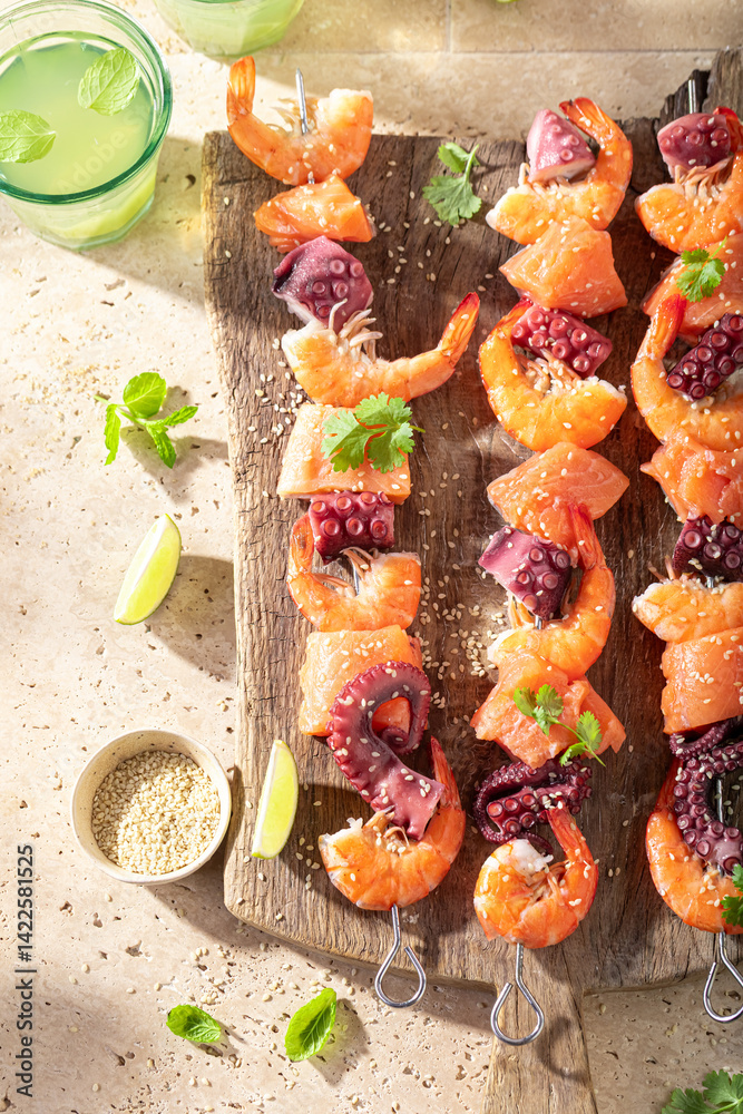 Ingredients for roasted skewer as summer delicacy.