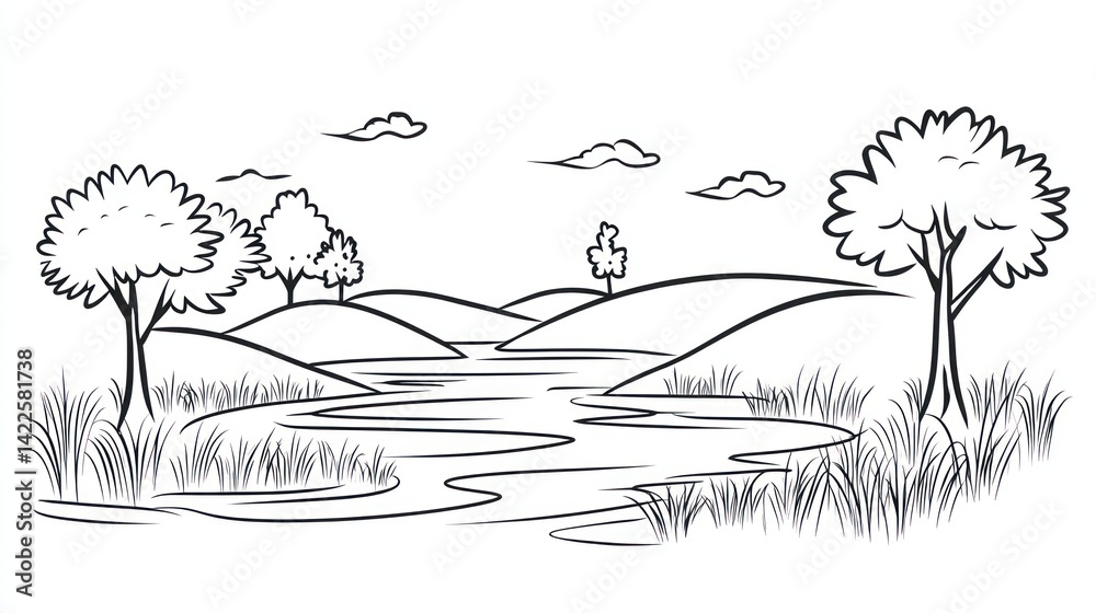 Fototapeta premium Serene river landscape, rolling hills, trees, idyllic scene; coloring book page