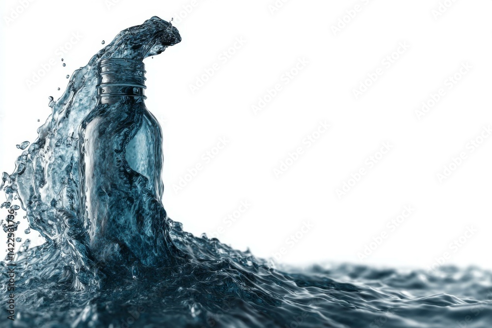 Obraz premium A translucent water bottle in motion, sculpted with a flowing water splash and liquid wave on a clean white backdrop