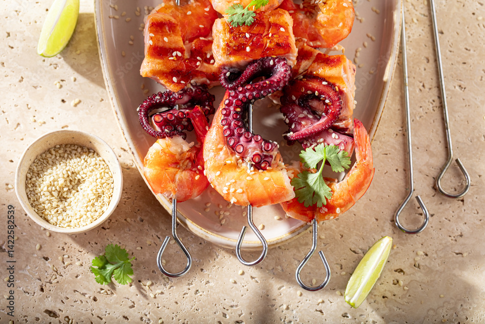 Tasty roasted skewer served with lime and coriander.