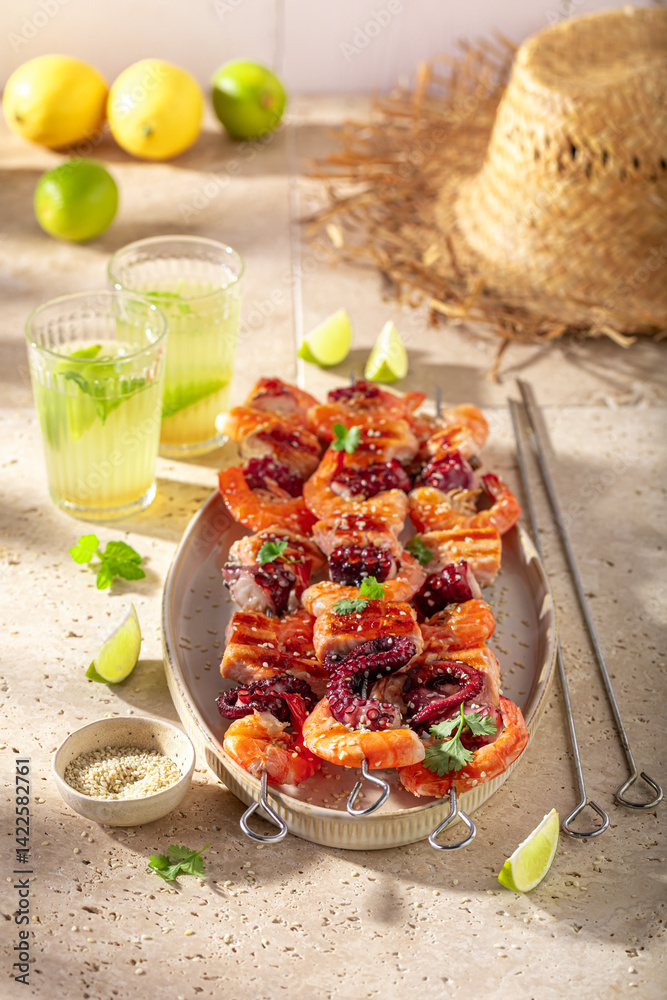 Fresh roasted skewer as a healthy summer appetizer.