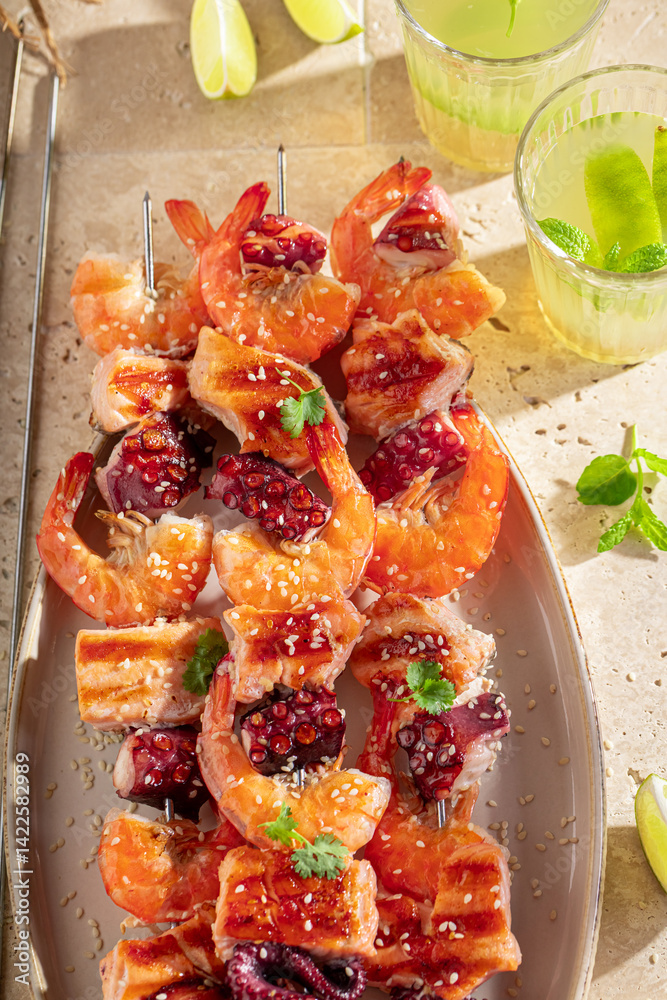 Tasty roasted skewer with spices and herbs.
