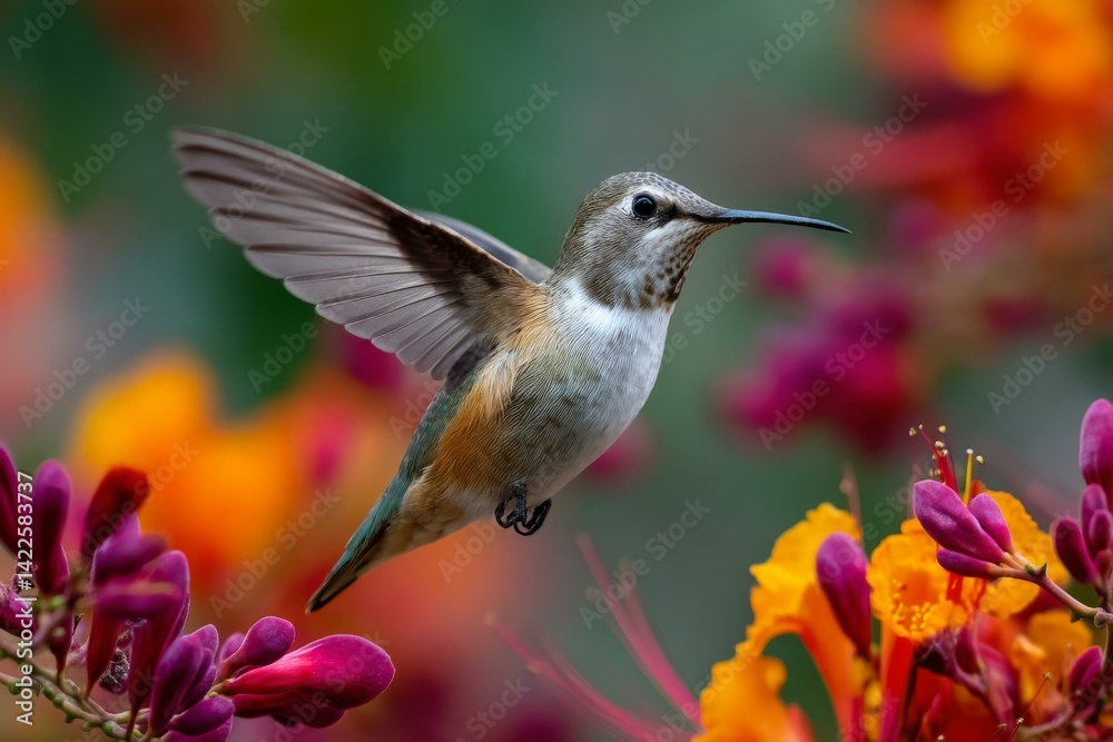 Obraz premium Hummingbird in flight sips nectar near vibrant blossoms, displaying nature's beauty
