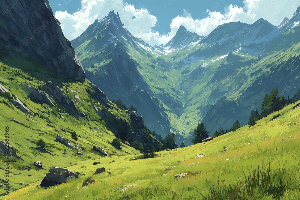 Obraz premium Scenic Mountain Valley Landscape with Lush Green Hills 