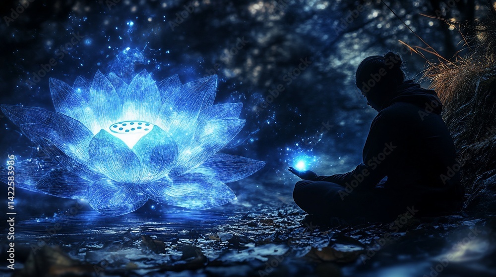 Obraz premium Person meditating near glowing lotus, forest night
