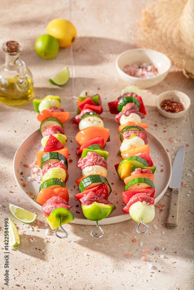 Before roasted delicious skewers with vegetables and red beef