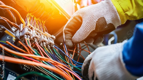 Worker Wearing Gloves Safely Handling Electrical Wiring with Tools
