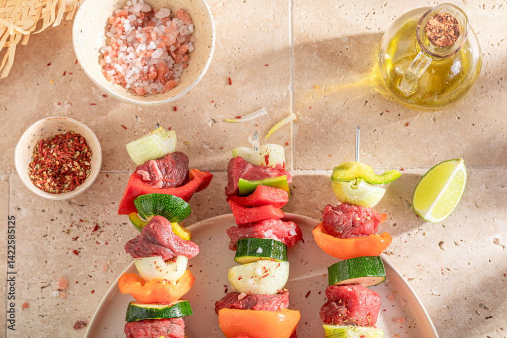 Preparations for grilling fresh skewers as healthy summer appetizer.