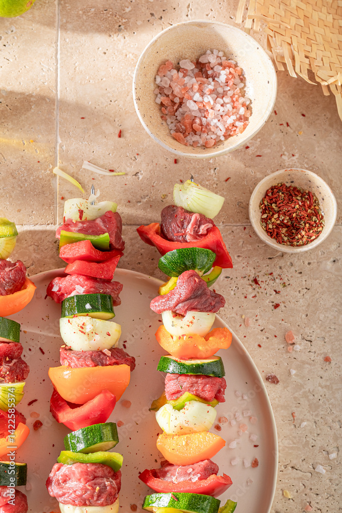 Preparations for grilling tasty skewers as summer snack for bbq.