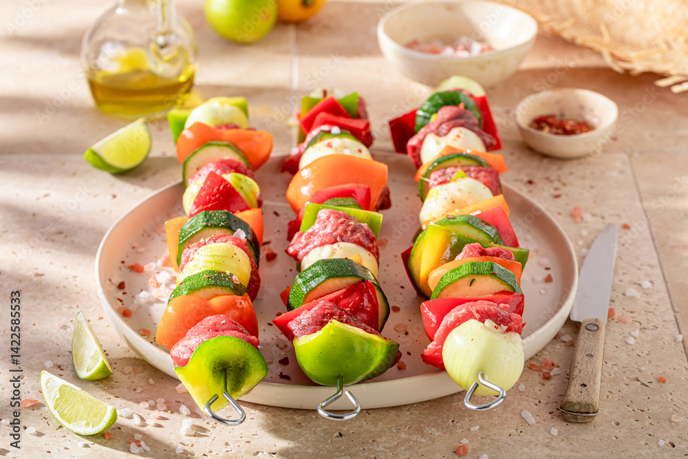 Preparations for grilling tasty skewers as healthy summer appetizer.