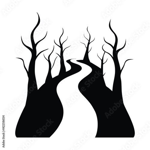 Haunted Forest Path with Fog Silhouette