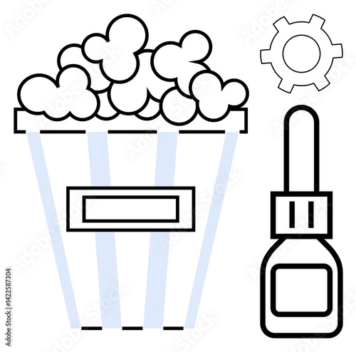 Popcorn bucket filled with fluffy kernels, gear symbol for functionality, glue bottle implying creativity. Ideal for DIY, crafting, repair, entertainment, productivity, hobbies and simple landing